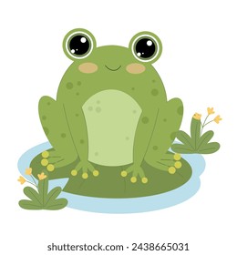 Cute frog in nature. Funny green frog character on a leaf. Vector illustration in flat style on white background.