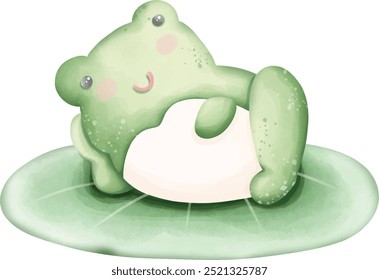 Cute frog in nature. Vector illustration, frog character on a leaf.