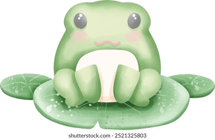 Cute frog in nature. Vector illustration, frog character on a leaf.