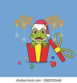 Cute Frog On Gift with Santa Claus Hat. For Background, Template, Icon, Banner, Invitation, Greeting Card, Inspiration design and Flyer. Vector And Illustration.