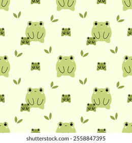 Cute frog on green background seamless pattern