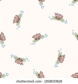 Cute frog on lily pad vector pattern. Wildlife amphibian home decor with cartoon lake toad. Seamless croaking fauna all over print. 