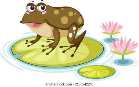Cute frog on lily pad on white background illustration