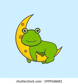 Cute frog is on the moon. Animal cartoon concept isolated. Can used for t-shirt, greeting card, invitation card or mascot.