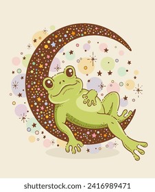 Frösche nachts auf dem Mond. Kinderposter für Kindergarten mit lustigen Tiercharakter auf Halbmond und Sternen. Konzept von Traum, Nacht, mystisch, Vektorgrafik. Frosch auf dem Mond