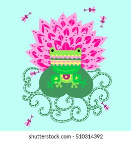 Cute frog on a pond with water lilies. Vector children's doodle illustration for a book, booklet, banner, postcard, invitation, print on clothes