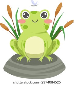 Cute frog on rock in the reeds on transparent background. Vector illustration for kids about the animal world