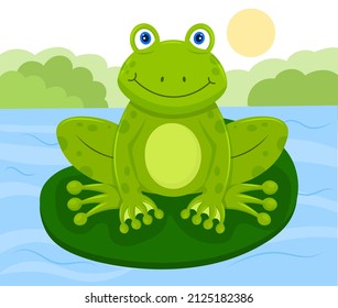 Cute frog on water lily. Friendly character for children sits and smiles. Nature, outdoor and fauna. Poster or banner, picture for printing on childrens clothing. Cartoon flat vector illustration