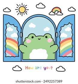 Netter Frosch öffnen Sie das Fenster mit Sonnenwolke und Regenbogen Himmel Hintergrund.Reptile Tier Figur Cartoon Design.Bild für Karte,Aufkleber,Baby Produkt.Kawaii.Vektorgrafik.Illustration