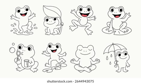 Cute Frog Outline for Coloring Page, Cute Frog Jumping, Meditating, Waving Hand
