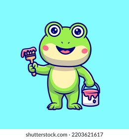 Cute Frog Painting Cartoon Vector Icon Illustration. Animal Nature Icon Concept Isolated Premium Vector. Flat Cartoon Style