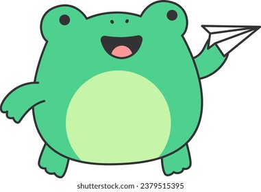 Cute frog with paper plane. Vector illustration in cartoon style.