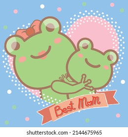 Cute frog parent and child hug each other and write best mom