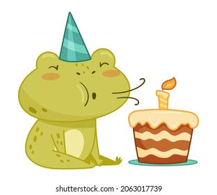 Cute frog in party hat blowing candle on birthday cake. Green funny amphibian toad character cartoon vector illustration