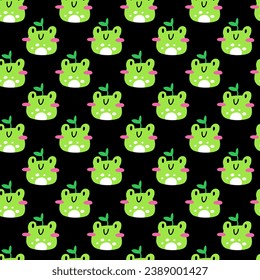 Cute frog pattern. Vector seamless pattern with kawaii characters on black background