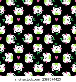 Cute frog pattern. Vector seamless pattern with kawaii white characters on black background