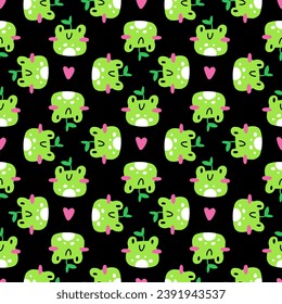 Cute frog pattern. Vector seamless pattern with kawaii characters on black background