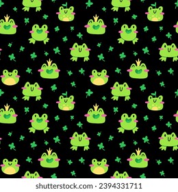 Cute frog pattern. Vector seamless pattern with kawaii characters on black background