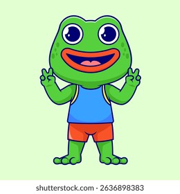 Cute Frog With Peace Hand Cartoon Vector Icon Illustration. Animal Nature Icon Concept Isolated Premium Vector. Flat Cartoon Style