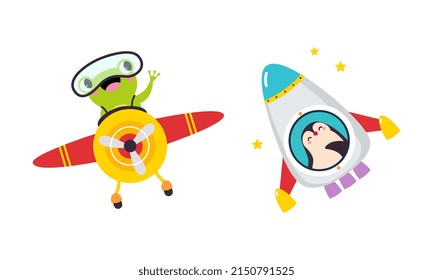 Cute Frog and Penguin Animal Flying on Airplane with Propeller and Rocket Vector Set
