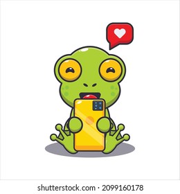 Cute frog with phone. Cute cartoon animal illustration.