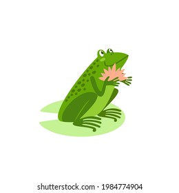 Cute frog with pink water lily flower sitting on lotus leaf. Funny green toad, happy cartoon character. Hand drawn flat vector illustration isolated on white background