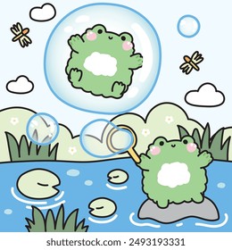 Cute frog play soap bubble on the stone in the river at jungle.Frog stay in bubble and dragonfly on sky background.Reptile animal character cartoon design.Kawaii.Vector.Illustration.