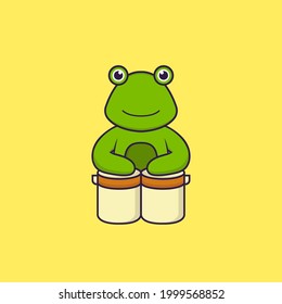 Cute frog is playing drums. Animal cartoon concept isolated. Can used for t-shirt, greeting card, invitation card or mascot.