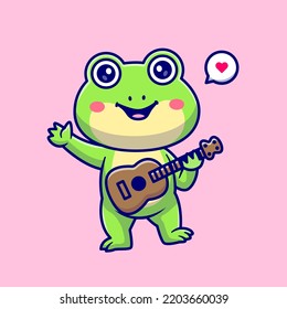 Cute Frog Playing Guitar Cartoon Vector Icon Illustration. Animal Music Icon Concept Isolated Premium Vector. Flat Cartoon Style