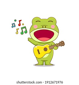 Cute frog playing guitar. Vector illustration of chibi character isolated on white background.