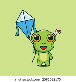 Cute frog playing kite cartoon vector illustration. vector cartoon illustration suitable for poster, brochure, web, mascot, sticker, logo and icon.