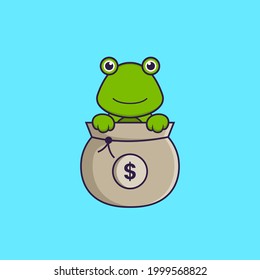 Cute frog playing in money bag. Animal cartoon concept isolated. Can used for t-shirt, greeting card, invitation card or mascot.