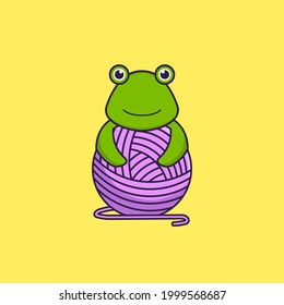 Cute frog playing with wool yarn. Animal cartoon concept isolated. Can used for t-shirt, greeting card, invitation card or mascot.