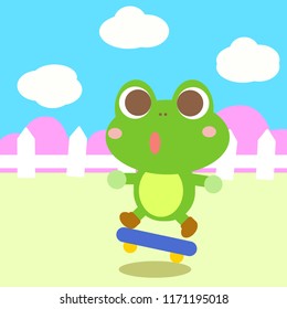 Cute frog plays Skateboard