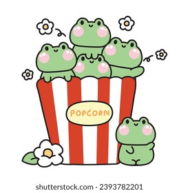 Cute frog popcorn with flower cartoon.Reptile animal character design.Movie.Food and snack.Image for kid product,sticker,card,decoration.Art.Kawaii.Vector.Illustration.