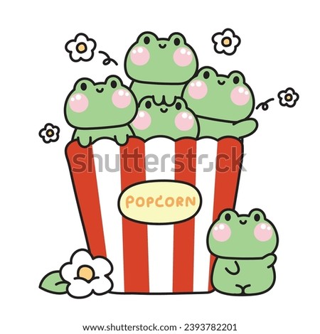 Cute frog popcorn with flower cartoon.Reptile animal character design.Movie.Food and snack.Image for kid product,sticker,card,decoration.Art.Kawaii.Vector.Illustration.