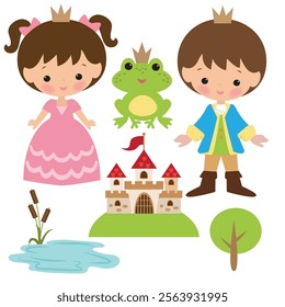 Cute frog prince characters vector cartoon children book illustration