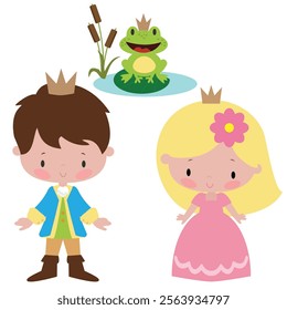 Cute frog prince characters vector cartoon children book illustration