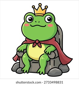 Cute frog prince sitting on stone throne vector illustration. Happy green amphibian character wearing gold crown and red cape. Kawaii toad king mascot fairytale concept isolated on white art design.