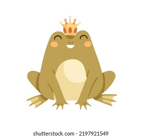 Cute frog princess with crown. Happy girl froggy. Funny amphibian animal. Adorable amusing toad. Lovely sweet magic character. Childish kids flat vector illustration isolated on white background