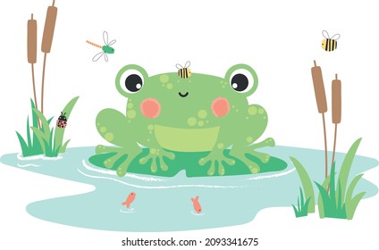 Cute frog print design for baby T-shirt design vector. Can be used for baby t-shirt print, fashion print design, kids wear, baby shower celebration greeting and invitation card.