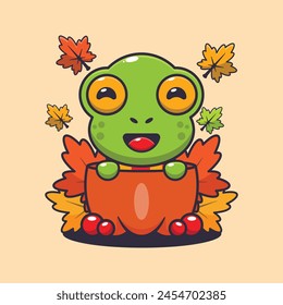 Cute frog in a pumpkin at autumn season. Mascot cartoon vector illustration suitable for poster, brochure, web, mascot, sticker, logo and icon.