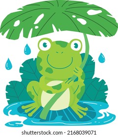 Cute frog in the rain with umbrella leaf cartoon animal alphabet mascot with background