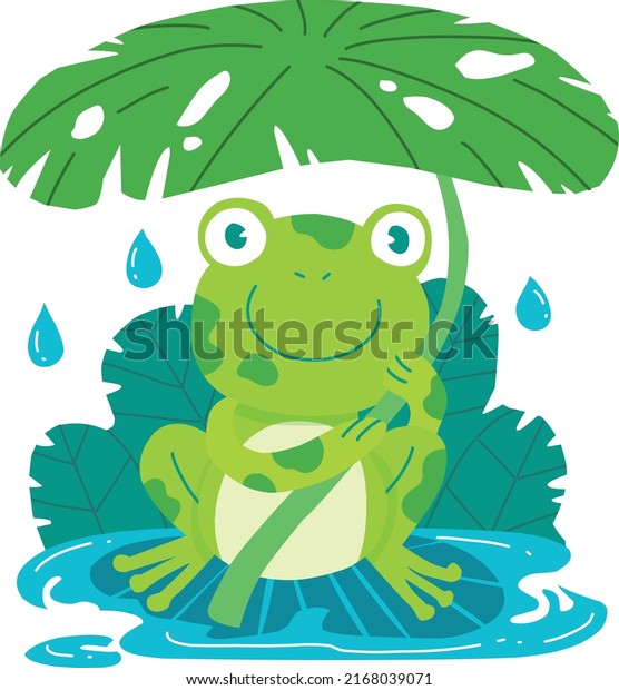 Cute frog in the rain with umbrella leaf\
cartoon animal alphabet mascot with\
background