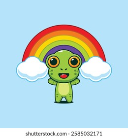 Cute frog with rainbow cartoon vector illustration. vector cartoon illustration suitable for poster, brochure, web, mascot, sticker, logo and icon.