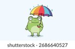 A cute frog with a rainbow umbrella in the rain.