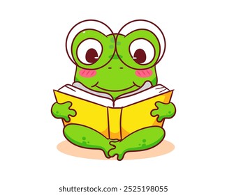 Cute frog reading book cartoon character. Adorable kawaii animal concept design. Isolated white background. Vector art illustration.