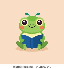cute frog reading book isolated back to school