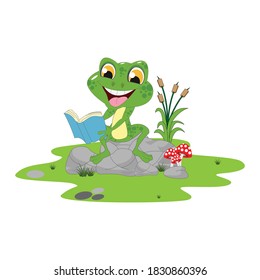 cute frog reading a book, simple vector illustration