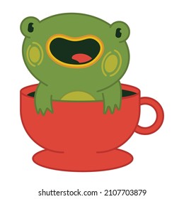 Cute frog in red cup vector cartoon character illustration isolated on a white background.